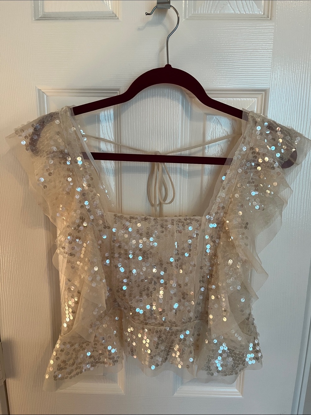 NWOT Anthropologie Sequin Tulle Flutter Ruffle Blouse - Picture 2 of 7
